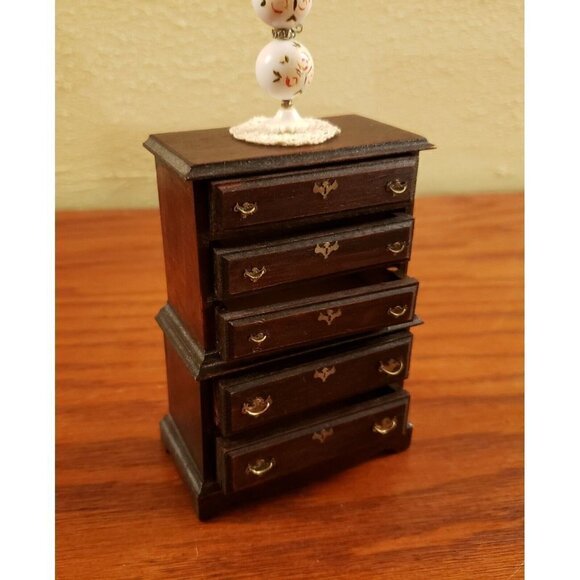 Vintage Miniature Dollhouse Furniture Chest of Drawers Hand Painted Lamp Doily - Picture 2 of 7